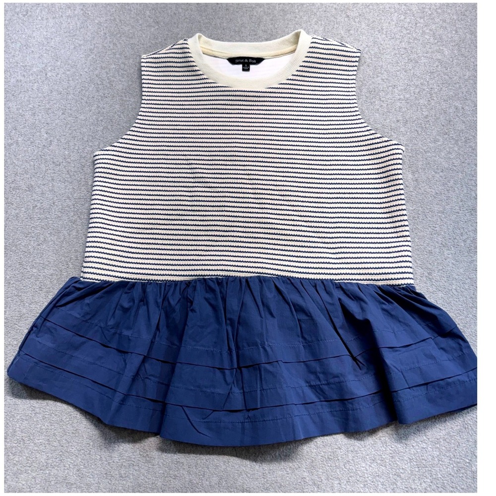 Strut & Bolt Top Womens S Navy Ivory Striped Sleeveless Peplum Ruffle Knit Chic